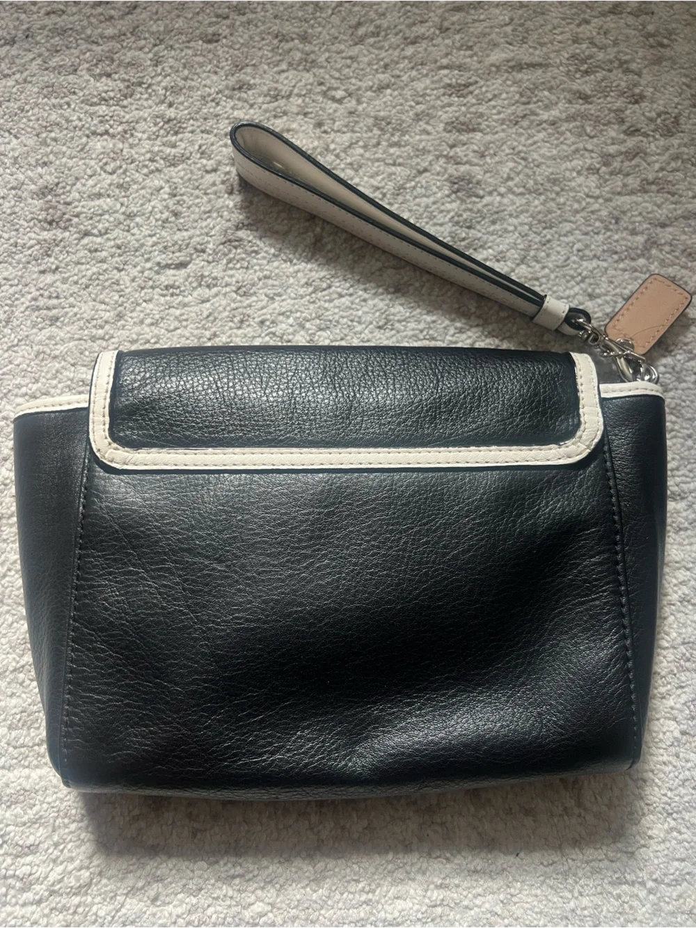 Coach Black Leather Wristlet with White Trim and Tan Accent